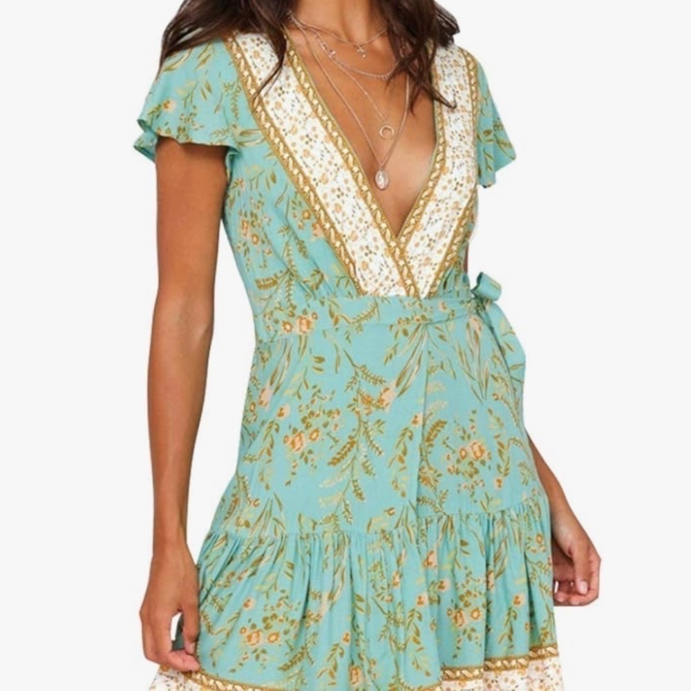 Summer Wrap V Neck Bohemian Floral Print Ruffle Dress M